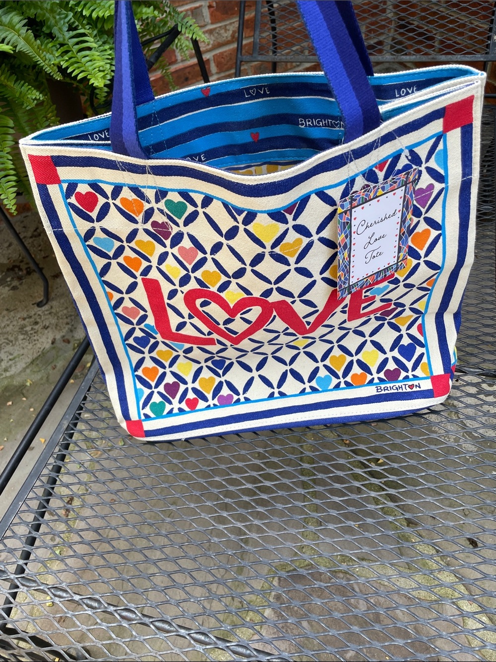Brighton Multicolor Canvas LOVE Tote with Navy Handles